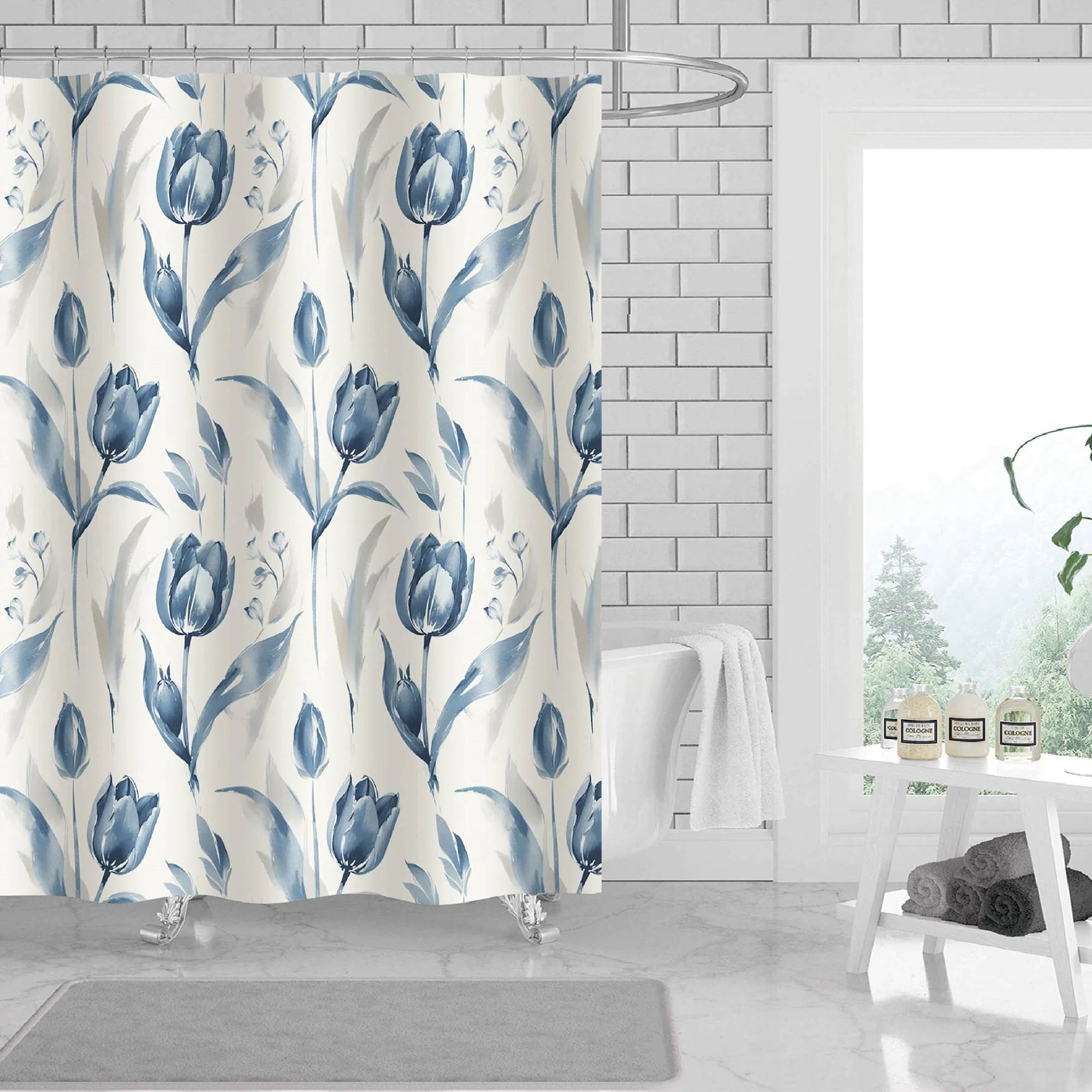 Landi Tulip 13 Piece Canvas Shower Curtain with Hooks, Off White, 70x72 Inches